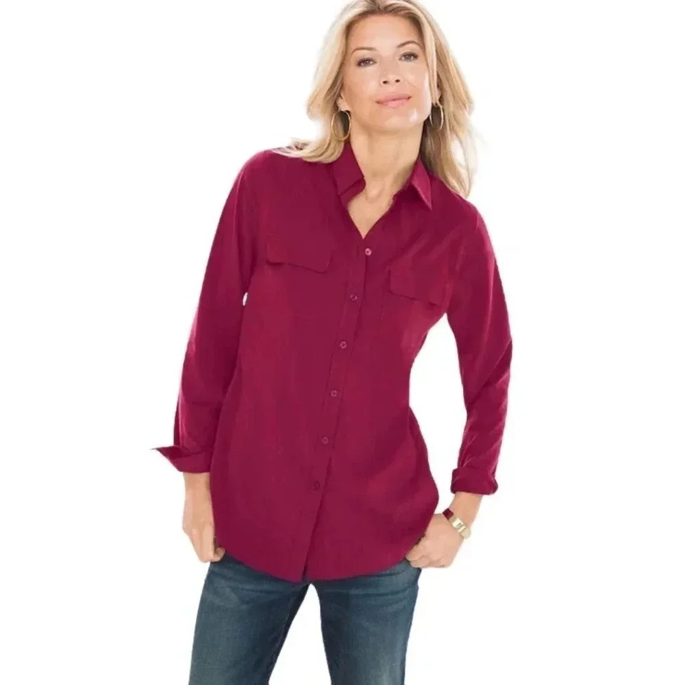 Chicos Burgundy Maroon Easy Silk Soft Button Down Shirt Top Size 3 US Large